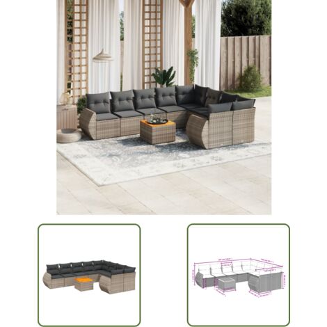 The Living Store 10-tlg. Garten-Sofagarnitur mit Kissen Grau Poly Rattan - Gartensorte - Esszimmergarnituren - Lounge Möbel - Outdoor Furniture - Gartenmöbelset