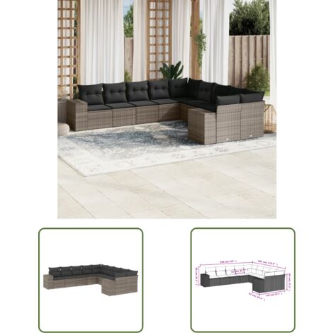 The Living Store 10-tlg. Garten-Sofagarnitur mit Kissen Grau Poly Rattan - Gartensorte - Gartenmöbelset - PE-Rattan Möbel - Outdoor Lounge Set - Balkonmöbel