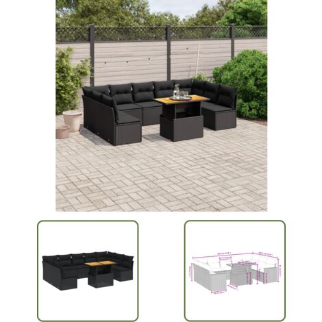 The Living Store 10-tlg. Garten-Sofagarnitur mit Kissen Schwarz Poly Rattan - Gartenmöbel - Esszimmerset - Outdoor Möbel - Lounge Set - Rattan Gartenmöbel