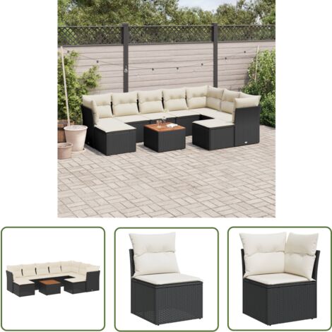 The Living Store 10-tlg. Garten-Sofagarnitur mit Kissen Schwarz Poly Rattan - Gartenmöbel - Outdoor Möbel - Rattan Gartenmöbel - PE-Rattan - Esstisch Set