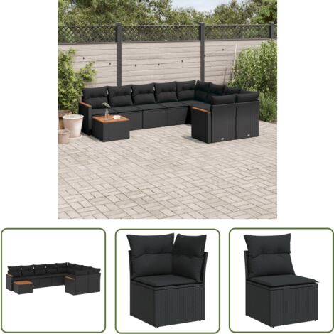 The Living Store 10-tlg. Garten-Sofagarnitur mit Kissen Schwarz Poly Rattan - Gartenmöbel Set - Outdoor Lounge - Rattan Gartenmöbel - Esstisch Set - Balkonmöbel