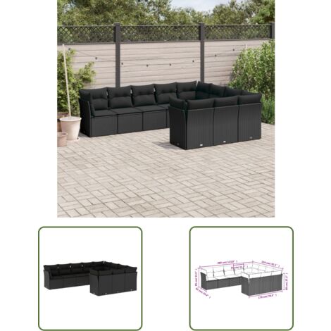 The Living Store 10-tlg. Garten-Sofagarnitur mit Kissen Schwarz Poly Rattan - Gartenmöbel - Sofa Set - Rattan Möbel - Outdoor Sofa - Lounge Set