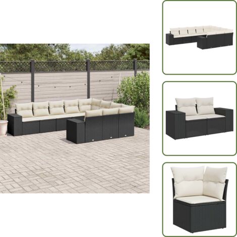 The Living Store 10-tlg. Garten-Sofagarnitur mit Kissen Schwarz Poly Rattan - Gartensessel