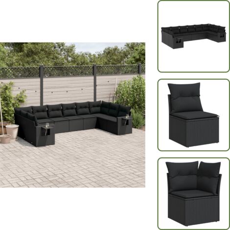 The Living Store 10-tlg. Garten-Sofagarnitur mit Kissen Schwarz Poly Rattan - Gartensessel