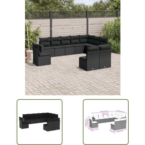 The Living Store 10-tlg. Garten-Sofagarnitur mit Kissen Schwarz Poly Rattan - Gartensofas - Outdoor Möbel - Lounge Set - Gartenlounge - Rattan Sofa