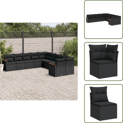 The Living Store 10-tlg. Garten-Sofagarnitur mit Kissen Schwarz Poly Rattan - Gartensortiment - Outdoor Möblierung - Lounge Set - Gartenlounge - Rattan Gartenmöbel