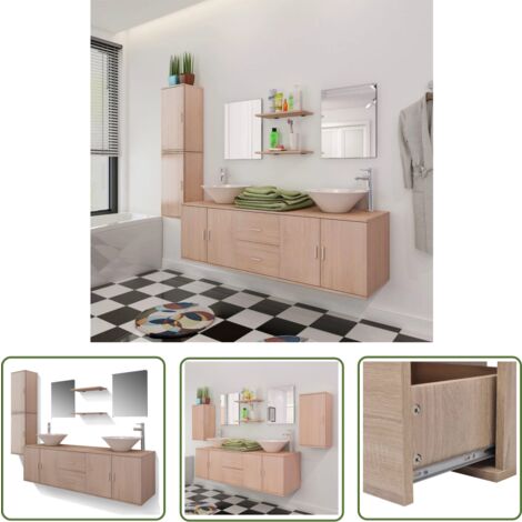 The Living Store 11-tlg. Badmöbel-Set mit Waschbecken und Wasserhahn Beige - Badezimmersatz - Badmöbel - Wascht Tisch - Spiegelschrank - Wandregal