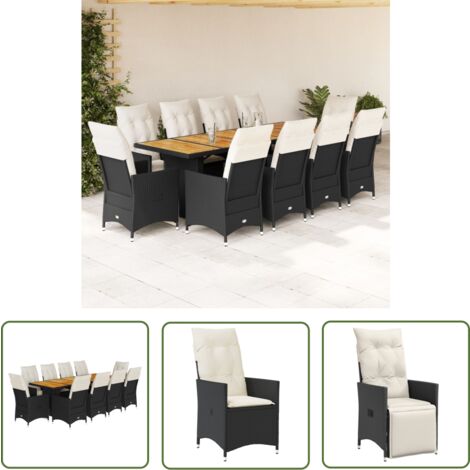 The Living Store 11-tlg. Garten-Bistro-Set mit Kissen Schwarz Poly Rattan - Gartenmöbel - Bistroset - Esstisch - Lounge Sessel - Outdoor Möbel