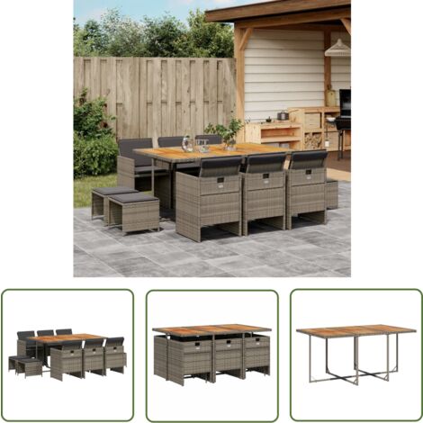 The Living Store 11-tlg. Garten-Essgruppe mit Kissen Grau Poly Rattan - Gartengruppe - Gartenmöbel - Esstisch - Gartenstühle - Gartenhocker