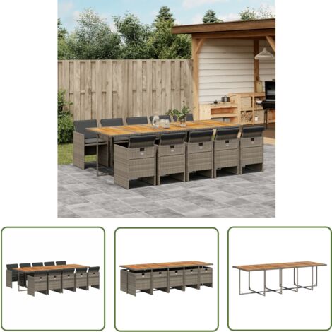 The Living Store 11-tlg. Garten-Essgruppe mit Kissen Grau Poly Rattan - Gartentisch - Gartenmöbel Set - Esstisch - Gartenstühle - Outdoor Möbel