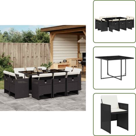 The Living Store 11-tlg. Garten-Essgruppe mit Kissen Schwarz Poly Rattan - Gartengestelle - Gartenmöbelset - Esstisch - Gartenstühle - Outdoor Möbel