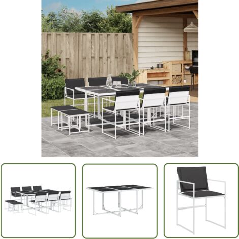 The Living Store 11-tlg. Garten-Essgruppe mit Kissen Weiß Textilene - Gartentisch - Gartenmöbelset - Esstisch - Gartenstühle - Gartenhocker