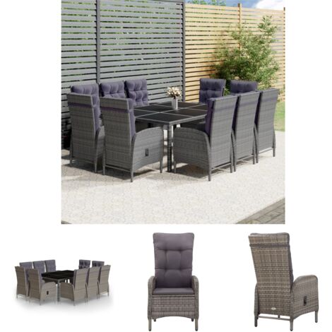 The Living Store -  11-tlg. Garten-Essgruppe Poly Rattan Grau