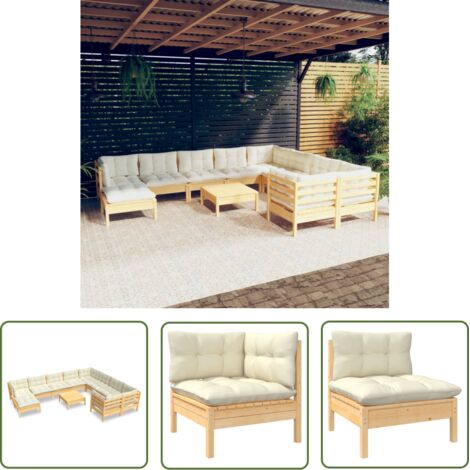 The Living Store 11-tlg. Garten-Lounge-Set mit Creme Kissen Kiefernholz - Gartensessel - Lounge Set - Gartenmöbeln - Outdoor Möbel - Kiefernholz