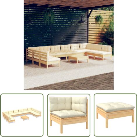 The Living Store 11-tlg. Garten-Lounge-Set mit Creme Kissen Massivholz Kiefer - Gartengeräte - Gartenmöbel - Lounge Set - Kiefernholz Möbel - Outdoor Furniture