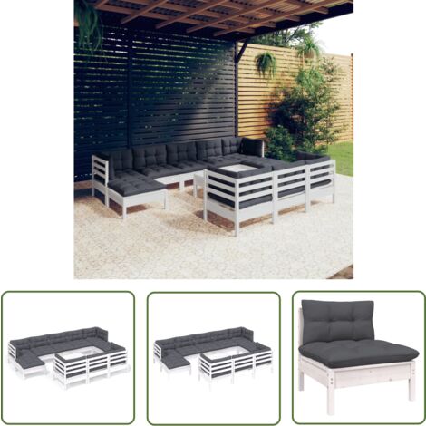 The Living Store 11-tlg. Garten-Lounge-Set mit Kissen Weiß Kiefer Massivholz - Gartensessel - Lounge Set - Gartenmöbeln - Outdoor Möbel - Rattan Sessel