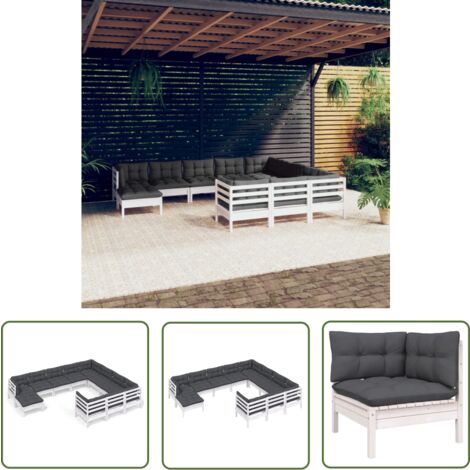 The Living Store 11-tlg. Garten-Lounge-Set mit Kissen Weiß Kiefernholz - Garten Lounge Set - Kiefernholz Möbel - Outdoor Möbel - Loungemöbel - Gartengeräte