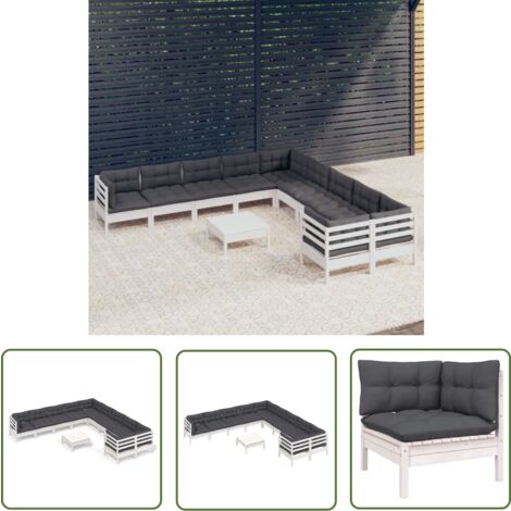 The Living Store 11-tlg. Garten-Lounge-Set mit Kissen Weiß Kiefernholz - Gartengeräte - Lounge Set - Gartenmöbel - Outdoor Möbel - Kiefernholz