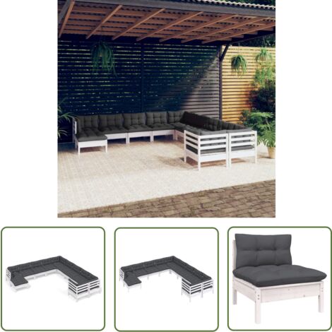 The Living Store 11-tlg. Garten-Lounge-Set mit Kissen Weiß Kiefernholz - Gartenmöbel - Lounge Set - Outdoor Möbel - Kiefernholz - Rattan