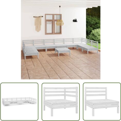 The Living Store 11-tlg. Garten-Lounge-Set Weiß Massivholz Kiefer - Gartenmöbel Set - Loungemöbel - Gartenloungeset - Rattan Möbel - Kiefernholzmöbel
