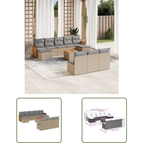 The Living Store 11-tlg. Garten-Sofagarnitur mit Kissen Beige Poly Rattan - Gartenmöbel - Gartensorte - Outdoor Möbel - Lounge Set - Rattan Gartenmöbel