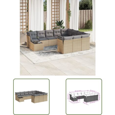 The Living Store 11-tlg. Garten-Sofagarnitur mit Kissen Beige Poly Rattan - Gartenmöbel Set - PE-Rattan Möbel - Outdoor Sofa - Lounge Garnitur - Esstisch Set