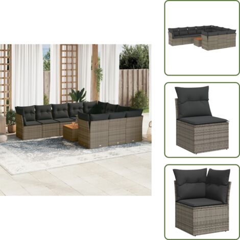 The Living Store 11-tlg. Garten-Sofagarnitur mit Kissen Grau Poly Rattan - Gartenmöbel - Outdoor Möbel - Rattan Sofa - Lounge Set - Esstisch