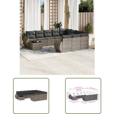 The Living Store 11-tlg. Garten-Sofagarnitur mit Kissen Grau Poly Rattan - Gartenmöbel Set - Gartensorte - Outdoor Möbel - Lounge Set - Rattan Gartenmöbel