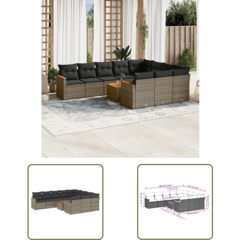 The Living Store 11-tlg. Garten-Sofagarnitur mit Kissen Grau Poly Rattan - Gartenmöbel Set - Gartensorte - Outdoor Möbel - Lounge Sofa - Esstisch