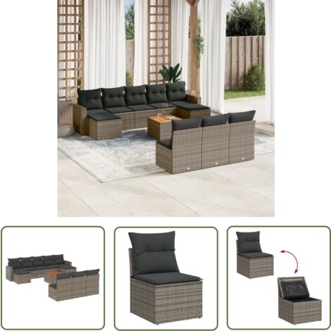 The Living Store 11-tlg. Garten-Sofagarnitur mit Kissen Grau Poly Rattan - Gartenmöbel Set - Outdoor Möbel - Rattan Gartenset - Lounge Set - Esstisch Set