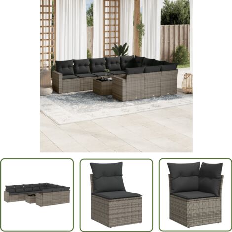 The Living Store 11-tlg. Garten-Sofagarnitur mit Kissen Grau Poly Rattan - Gartenmöbel Set - PE-Rattan Möbel - Outdoor Lounge - Esstisch Set - Balkonmöbel