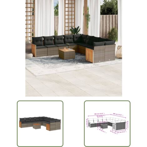 The Living Store 11-tlg. Garten-Sofagarnitur mit Kissen Grau Poly Rattan - Gartenmöbel Set - PE-Rattan Möbel - Outdoor Lounge - Esstisch - Sofasatz