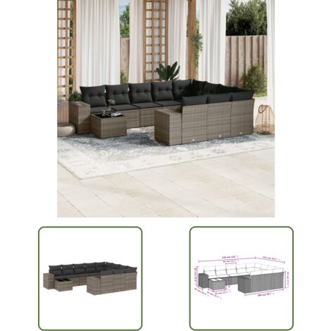 The Living Store 11-tlg. Garten-Sofagarnitur mit Kissen Grau Poly Rattan - Gartenmöbel Set - PE-Rattan Möbel - Outdoor Lounge - Esstisch - Sofasatz