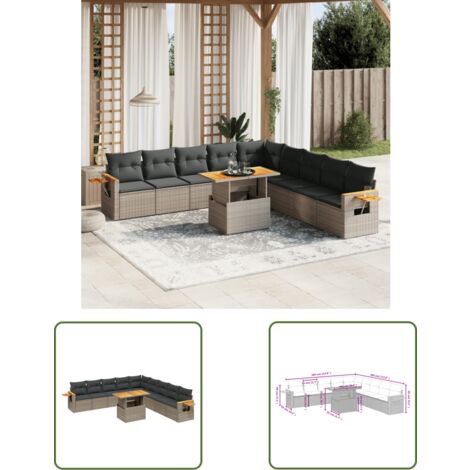 The Living Store 11-tlg. Garten-Sofagarnitur mit Kissen Grau Poly Rattan - Gartenmöbel Set - PE-Rattan Möbel - Outdoor Lounge - Gartenlounge - Terrassenmöbel