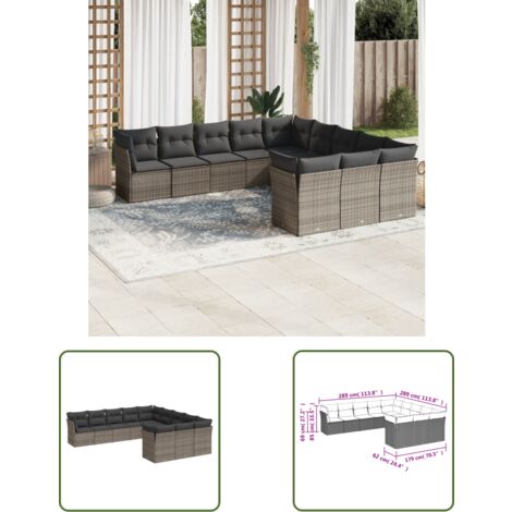 The Living Store 11-tlg. Garten-Sofagarnitur mit Kissen Grau Poly Rattan - Gartensofas - Outdoor Möbel - Lounge Set - Gartenlounge - Rattan Sofa