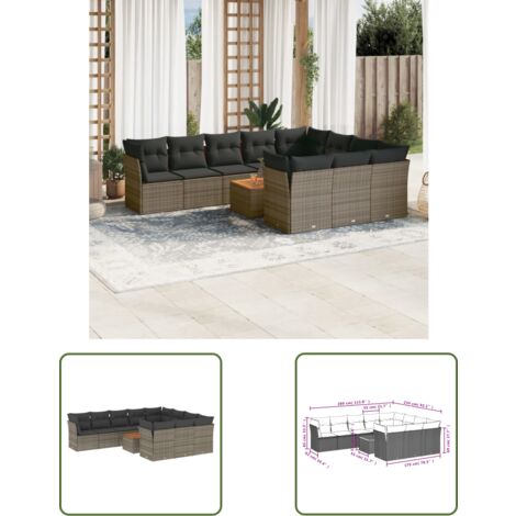 The Living Store 11-tlg. Garten-Sofagarnitur mit Kissen Grau Poly Rattan - Gartensortiment - Gartenmöbelset - Lounge Set - Esstischgarnitur - Rattan Möbel