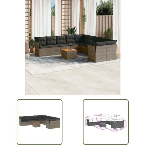 The Living Store 11-tlg. Garten-Sofagarnitur mit Kissen Grau Poly Rattan - Gartensortiment - Outdoor Möbel - Lounge Set - Gartenlounge - Esstischgarnitur