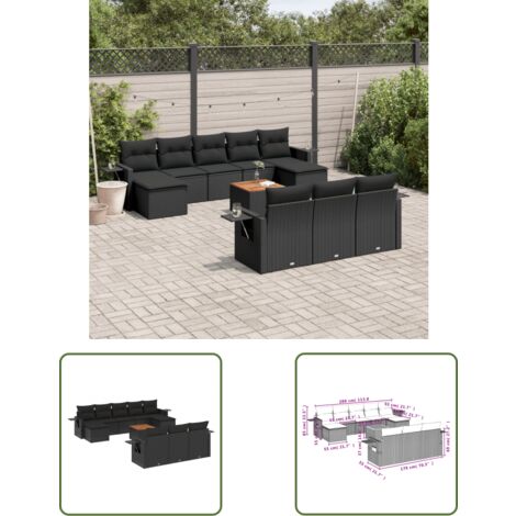 The Living Store 11-tlg. Garten-Sofagarnitur mit Kissen Schwarz Poly Rattan - Gartenmöbel - Esszimmergarnituren - Outdoor Möbel - Lounge Set - Rattan Gartenmöbel