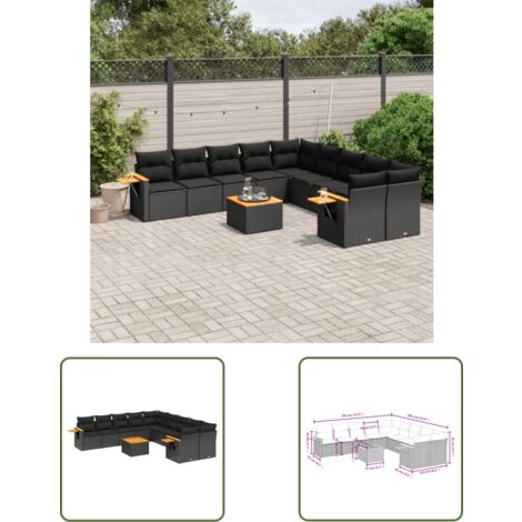 The Living Store 11-tlg. Garten-Sofagarnitur mit Kissen Schwarz Poly Rattan - Gartenmöbel - Esszimmergarnituren - Outdoor Möbel - Lounge Set - Rattan Sofa