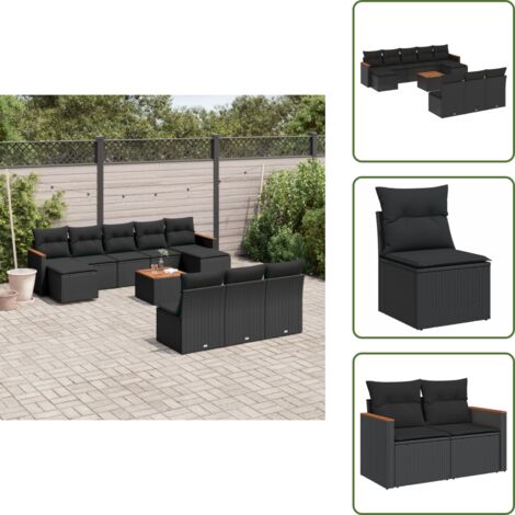 The Living Store 11-tlg. Garten-Sofagarnitur mit Kissen Schwarz Poly Rattan - Gartenmöbel Set - Outdoor Lounge - Rattan Gartenset - Esstisch Set - Balkonmöbel