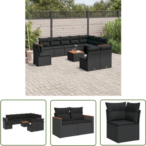 The Living Store 11-tlg. Garten-Sofagarnitur mit Kissen Schwarz Poly Rattan - Gartenmöbel Set - Outdoor Lounge - Rattan Gartenset - Esstisch Set - Balkonmöbel