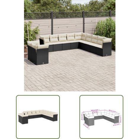 The Living Store 11-tlg. Garten-Sofagarnitur mit Kissen Schwarz Poly Rattan - Gartensofas - Outdoor Möbel - Lounge Set - Gartenlounge - Rattan Sofa