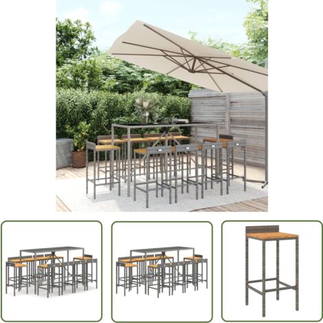 The Living Store 11-tlg. Gartenbar-Set Grau Poly Rattan & Massivholz Akazie - Gartensitzgruppe - Gartenbar - Outdoor Möbel - Lounge Set - Esszimmergarnitur