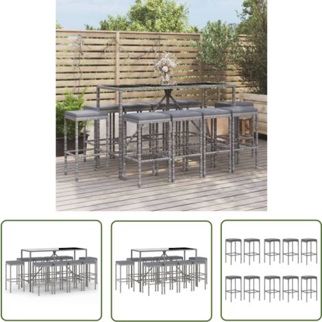 The Living Store 11-tlg. Gartenbar-Set mit Kissen Grau Poly Rattan - Gartenbar Set - Outdoor Möbel - Lounge Set - Esszimmergarnitur - Balkonmöbel