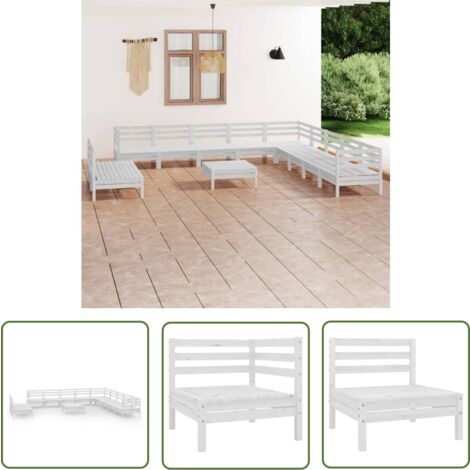 The Living Store 12-tlg. Garten-Lounge-Set Massivholz Kiefer Weiß - Outdoor Lounge Set - Gartenmöbel - Holzmöbel - Kiefernholz - Garten Sofa