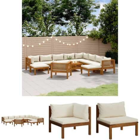 The Living Store 12-tlg. Garten-Lounge-Set mit Creme Kissen Massivholz Akazie - Gartenmöbel-Sets