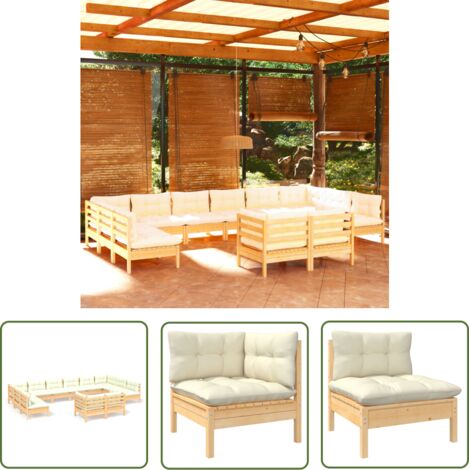The Living Store 12-tlg. Garten-Lounge-Set mit Creme Kissen Massivholz Kiefer - Gartengeräte - Lounge Set - Gartenmöbel - Kiefernholz Möbel - Outdoor Furniture