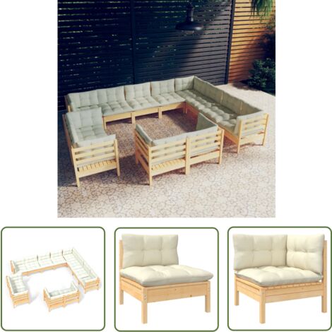 The Living Store 12-tlg. Garten-Lounge-Set mit Creme Kissen Massivholz Kiefer - Gartensaison - Lounge Set - Gartenmöbel - Kiefernholz Möbel - Outdoor Furniture