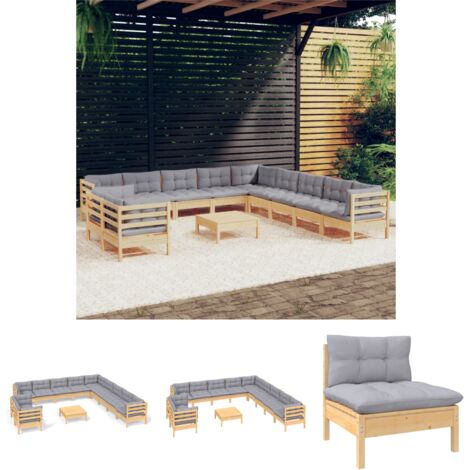 The Living Store - 12-tlg. Garten-Lounge-Set mit Grauen Kissen Massivholz Kiefer