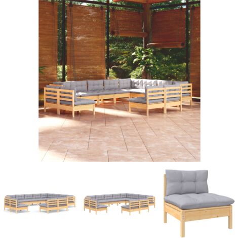 The Living Store - 12-tlg. Garten-Lounge-Set mit Grauen Kissen Massivholz Kiefer